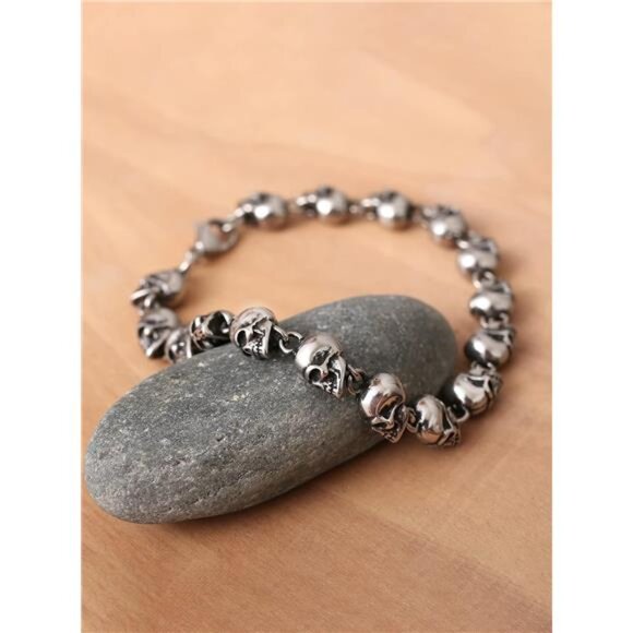 stainless steel skull bracelet mens gothic punk rock biker chain bead jewelry - Picture 6 of 7